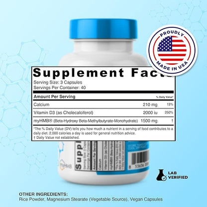 HMB and Vitamin D3 Supplement, 1,500mg Patented Formula with Clinical Dose, Preserve Lean Muscle with Ageless Performance, Beta-Hydroxy Beta-Methylbutyrate Capsules, 120 Count