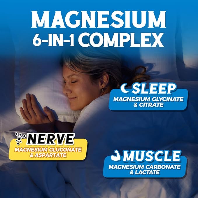 Magnesium Complex Supplement 6 in 1, 1160mg Chelated Magnesium Glycinate, Citrate, Aspartate, Gluconate, Carbonate & Lactate for Sleep, Calm & Muscle, No Oxide