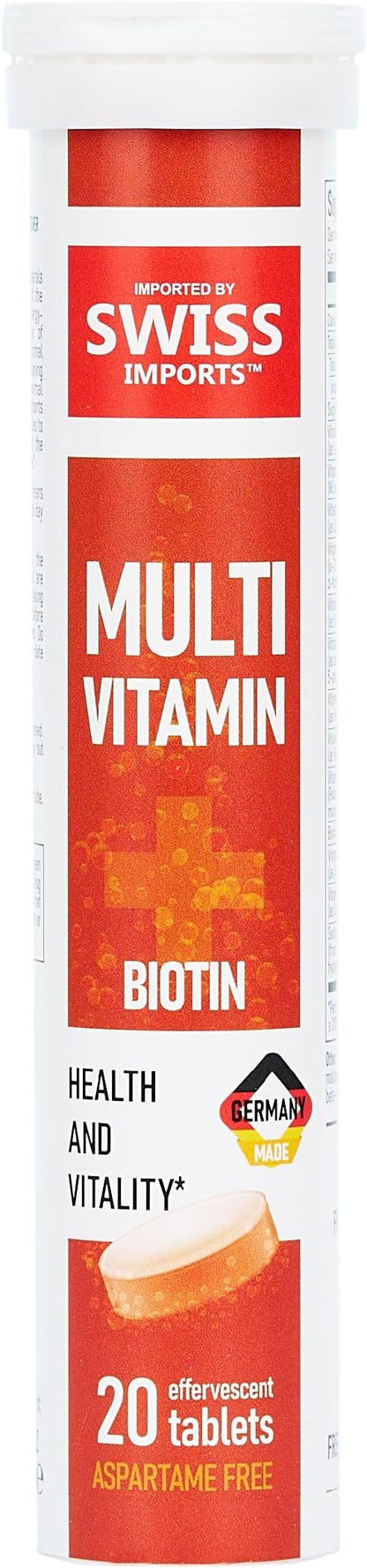 Effervescent Multivitamins + Biotin for Wellness and Vitality Dietary Supplement with Vitamins C, E, B1, B2 B6, B12, A, and D3, 20 Tablets