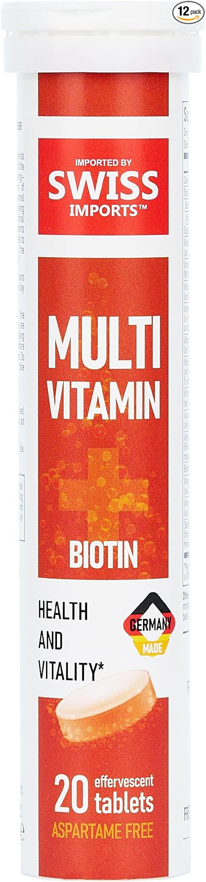 Effervescent Multivitamins + Biotin for Wellness and Vitality Dietary Supplement with Vitamins C, E, B1, B2 B6, B12, A, and D3, 12-Pack, 240 Tablets