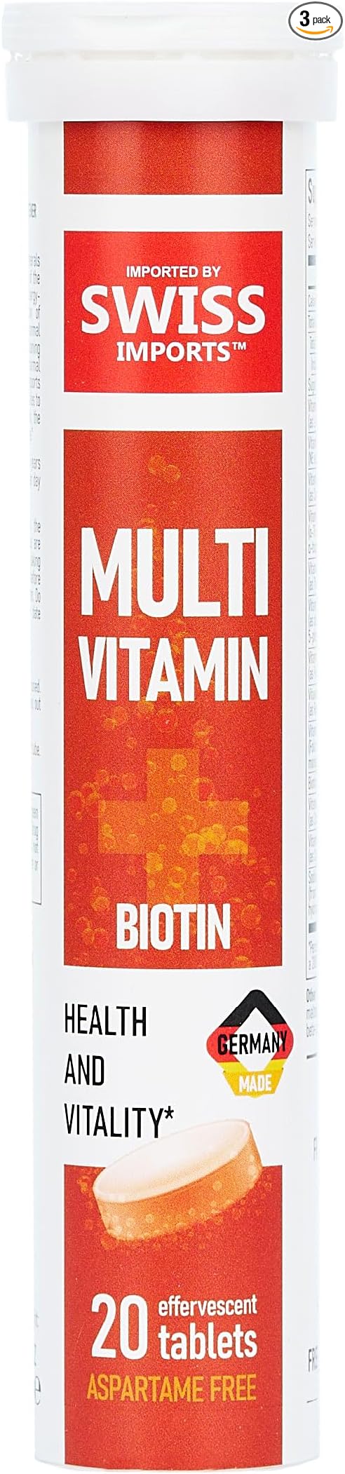 Effervescent Multivitamins + Biotin for Wellness and Vitality Dietary Supplement with Vitamins C, E, B1, B2 B6, B12, A, and D3, 3-Pack, 60 Tablets