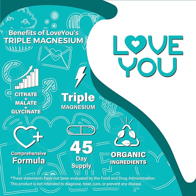 Love You Triple Magnesium for Women Magnesium Glycinate, Magnesium Citrate, and Magnesium Malate, 300 mg per Serving, 90 Veggie Capsules, 100% Vegan, All-Natural