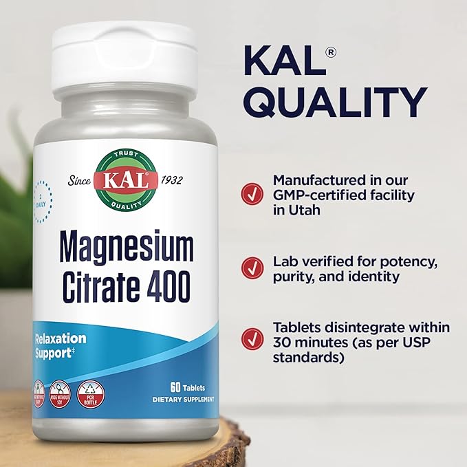 KAL Magnesium Citrate 400mg, Magnesium Supplement for Healthy Muscle Function, Relaxation, Nerve and Circulation Support, Rapid Disintegration ActivTabs, Vegan, Gluten Free, 30 Servings, 60 Tablets