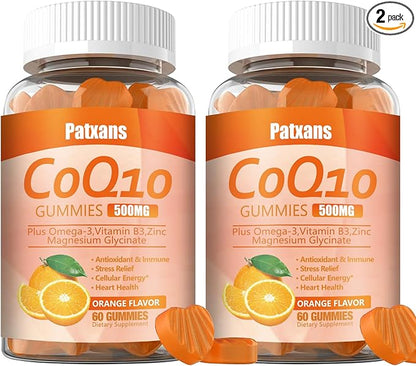 2 Packs 500MG CoQ10 Supplement Gummies, Omega-3, Magnesium, Vitamin B3, Zinc, Ultra High Absorption Provides Healthy Support for Heart, Cell Energy＆ Antioxidants, Vegan, Non-GMO, 120Cts