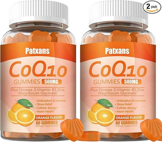 2 Packs 500MG CoQ10 Supplement Gummies, Omega-3, Magnesium, Vitamin B3, Zinc, Ultra High Absorption Provides Healthy Support for Heart, Cell Energy＆ Antioxidants, Vegan, Non-GMO, 120Cts