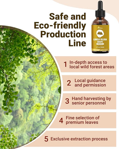 Organic Ginkgo Biloba Extract Liquid Supplements, Brain & Focus Support, 98% Absorption, Vegan, Non-GMO, Alcohol & Gluten Free - 4 Fl Oz