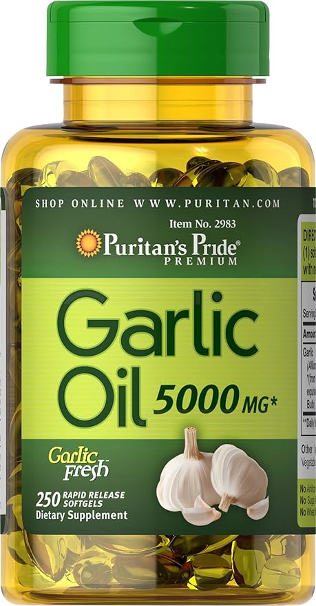 Puritan's Pride Premium Garlic Fresh 5000mg, Traditional Dietary Supplement for Heart Health and Circulation Support with Antioxidant Properties, 250 Rapid Release Softgels