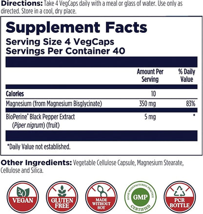 KAL Magnesium Glycinate Capsules, Fully Chelated Magnesium Bisglycinate, High Absorption Magnesium Supplement, Healthy Bones, Muscle, Relaxation and Stress Support, Non-GMO 160 count