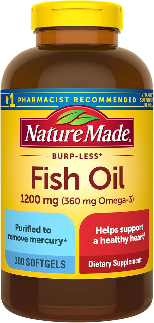 Nature Made Burp Less Fish Oil Omega 3 Supplements, 1200 mg Softgels, Omega 3 Fish Oil for Healthy Heart Support, 300 Softgels, 150 Day Supply