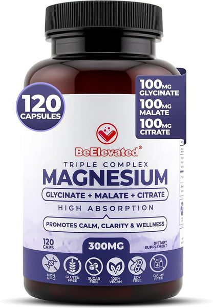 Triple Complex Magnesium Supplement – Fast-Acting Magnesium Complex Supplement with Glycinate, Citrate & Malate for Relaxation, Sleep & Well-Being – Natural, Vegan, Non-GMO Capsules (300mg)