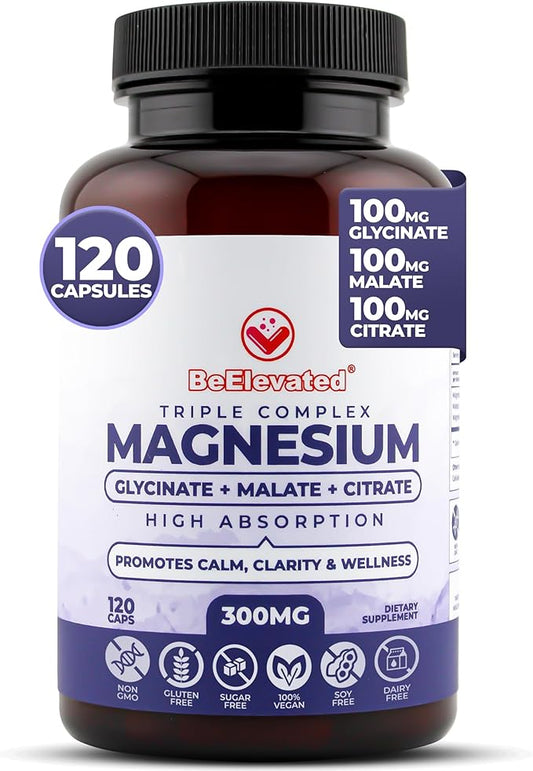 Triple Complex Magnesium Supplement – Fast-Acting Magnesium Complex Supplement with Glycinate, Citrate & Malate for Relaxation, Sleep & Well-Being – Natural, Vegan, Non-GMO Capsules (300mg)