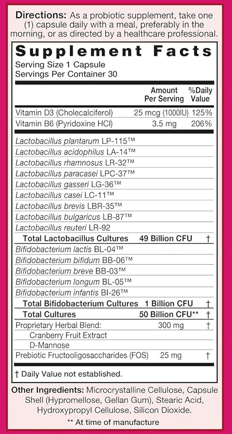 UriProbio, 30 CT, Once Daily, Women's Probiotic Supplement, 50 Billion CFU Plus Prebiotic, Supports a Healthy Urinary Tract with Vitamin D3, B6, Cranberry & D-Mannose, Vegetarian