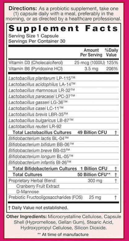 UriProbio, 30 CT, Once Daily, Women's Probiotic Supplement, 50 Billion CFU Plus Prebiotic, Supports a Healthy Urinary Tract with Vitamin D3, B6, Cranberry & D-Mannose, Vegetarian