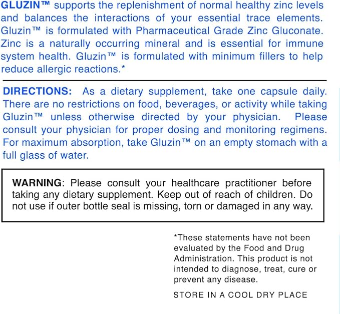 Gluzin OTC ZINC - Gluzin - Pharmaceutical Grade Zinc, 50mg, (2 Bottles - 120 Capsules)