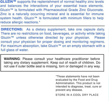 Gluzin OTC ZINC - Gluzin - Pharmaceutical Grade Zinc, 50mg, (2 Bottles - 120 Capsules)