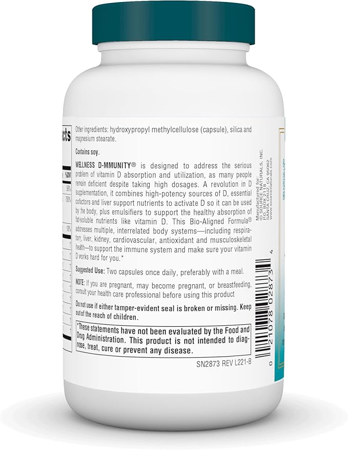 Source Naturals Wellness D-mmunity, Bio-Aligned Vitamin D Immune Formula, Supports Optimal Absorption and Utilization* - 120 Vegetarian Capsules