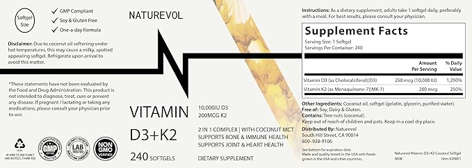 Vitamin D & K Complex with Coconut MCT Oil | D3 10000 IU Plus K2 (MK-7) 200 mcg for Healthy Muscle Function & Immune Support | Easy to Swallow | Soy & Gluten Free - Mini Softgels (240 Servings)