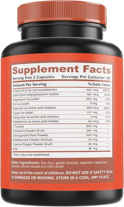 Thyroid Support for Women and Iodine Supplement ǀ Enhanced Absorption Thyroid Complex for Energy, Metabolism, Focus Formula, Relaxation with Ashwagandha, L-Tyrosine and Adaptogens Non-GMO