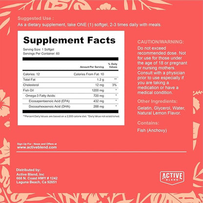 Omega-3 Fish Oil – 1250mg Triple Strength with 690mg EPA & 260mg DHA – Wild-Caught, No Fishy Aftertaste – 60 Soft Gels