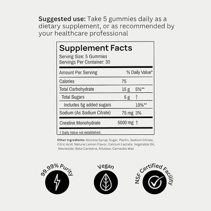 BOD Creatine Gummies, Creatine Monohydrate Gummies, Lemon Drop, for Muscle Support, and Energy Support, Pre Workout Supplement, 5g Creatine for Women and Men per Serving, 30 Servings, 150 Gummies