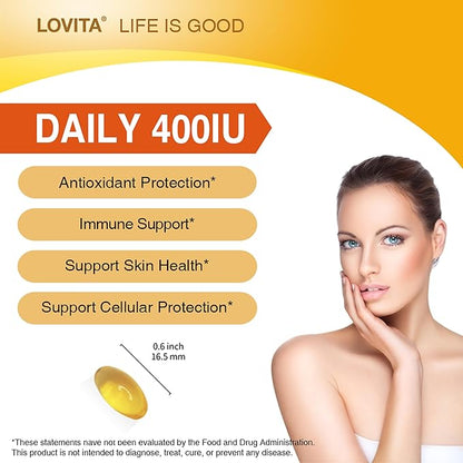 Lovita Vitamin E 400 IU Vegan Softgels, Natural Vitamin E 268 mg (as D Alpha Tocopherol), for Healthy Skin, Hair, Nails, Antioxidant &Immune Support, 120 Vegan Softgels (Pack of 3)