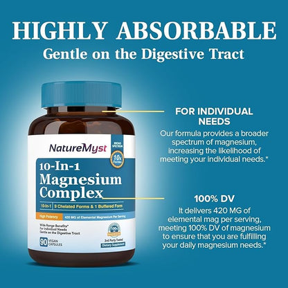 Magnesium Complex Supplement, 420mg Elemental Magnesium, 10 High Absorption Forms Magnesium Glycinate, Citrate, Malate, Taurate & More for Sleep, Nerve, Muscle Health, Non-GMO, 90 Vegan Capsules