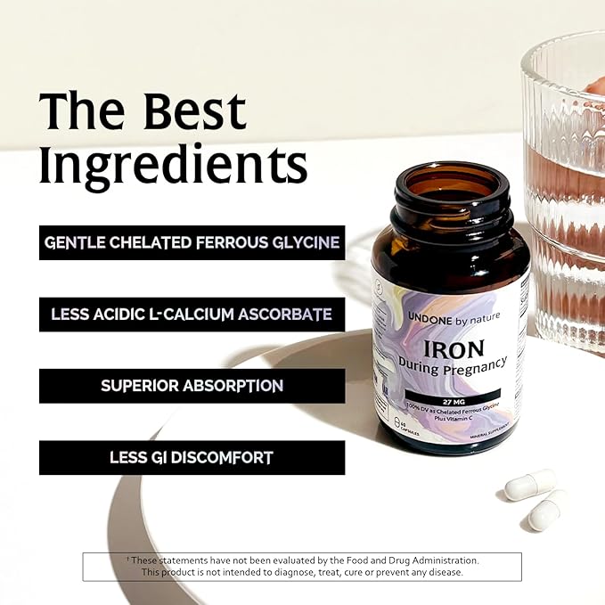 Iron Supplement, Ferrous Bisglycinate, Gentle, with Vitamin C as L-Calcium Ascorbate, During Pregnancy by Undone by Nature, 100% Daily Value, Blood Builder, 60 Vegan Caps