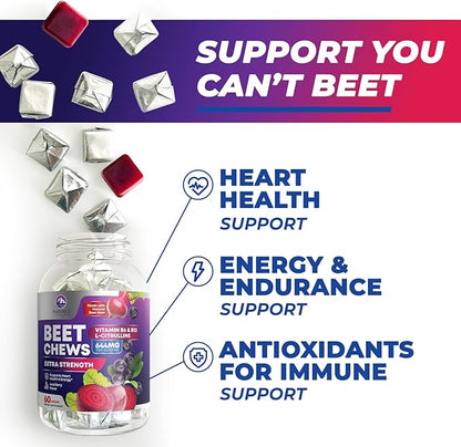 Beets Chews - Beet Root Gummies for Nitric Oxide Support, Superfood Beets Powder Soft Heart Chews, Grape Seed Extract & Non-GMO Beetroot Energy Supplement Supports Heart Health & Energy, 60 Soft Chews