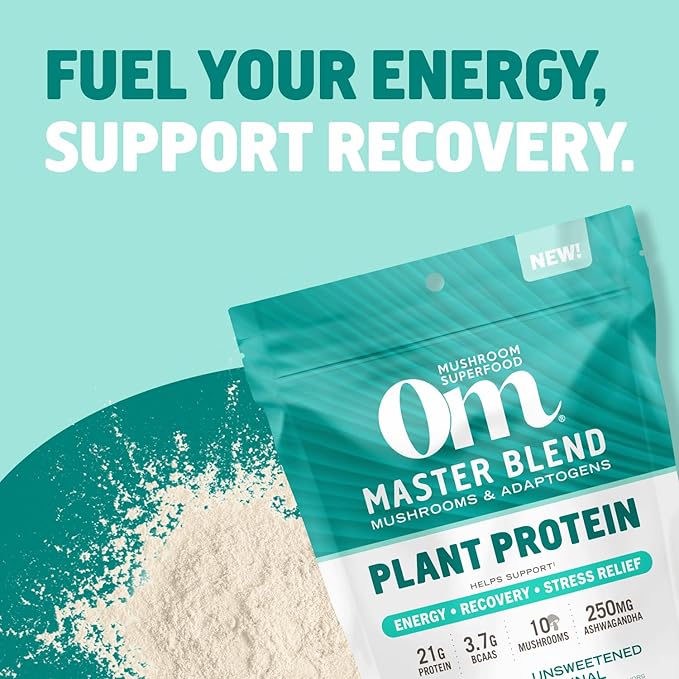 OM MUSHROOM SUPERFOOD Master Blend Mushroom Plant-Based Protein, 16 Servings Unsweetened Original, Unsweetened Plant-Based Protein with 10 Mushrooms & Adaptogens