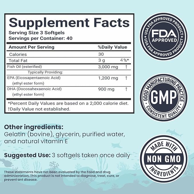 Omega 3 Fish Oil Capsules [3000mg] Omega 3 Supplement DHA Supplement | Omega3 Fish Oil Pills | for Heart Health, Immune System, Joints, Skin, & Brain Health, Gluten-Free and BURPLESS