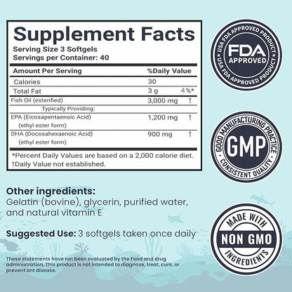 Omega 3 Fish Oil Capsules [3000mg] Omega 3 Supplement DHA Supplement | Omega3 Fish Oil Pills | for Heart Health, Immune System, Joints, Skin, & Brain Health, Gluten-Free and BURPLESS