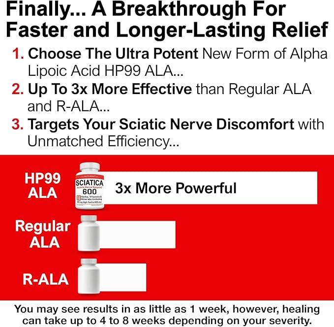 Sciatica Supplement Nerve Relief with 600 mg Alpha Lipoic Acid - Maximum Strength ALA Sciatic Support for Feet, Hands, Fingers, and Legs - Ultra Potent 18-in-1 Natural Nerve Vitamins - 120 Capsules