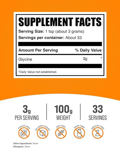 BulkSupplements.com Glycine Powder - L-Glycine Powder, Glycine Supplements, Glycine 3000mg - Glycine Amino Acid, Pure & Gluten Free - 3000mg per Serving, 100g (3.5 oz)