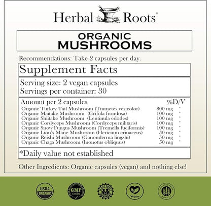 Herbal Roots Mushroom Supplement Capsules | Blend of 8 Organic Mushrooms | Turkey Tail, Lion’s Mane, Shiitake, Cordyceps, Reishi, Chaga, Maitake, Snow | 60 Vegan Capsules