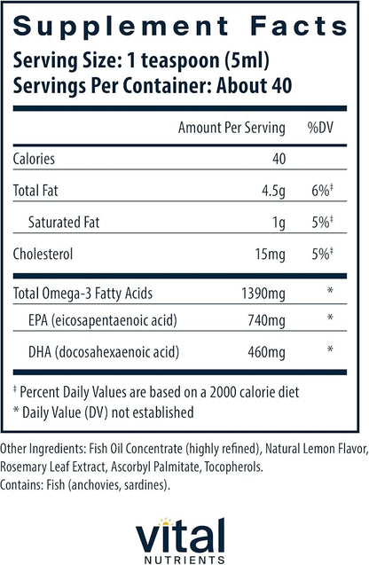 Vital Nutrients - Ultra Pure Fish Oil 1400 (Pharmaceutical Grade) - Deep Sea Liquid Fish Oil, Cardiovascular Support, Natural Lemon Flavor - 200 ml per Bottle
