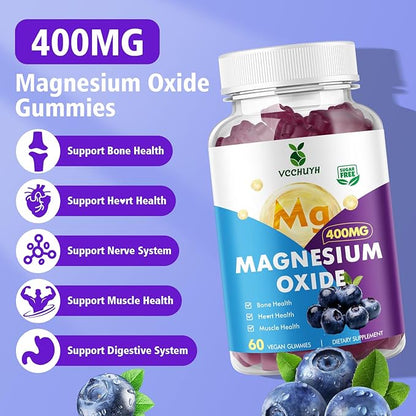 Magnesium Oxide Gummies 400mg, Sugar Free Magnesium Oxide Supplement for Adults & Kids, Muscle Support & Energy Boost, Non GMO, Blueberry Flavor 120 Count