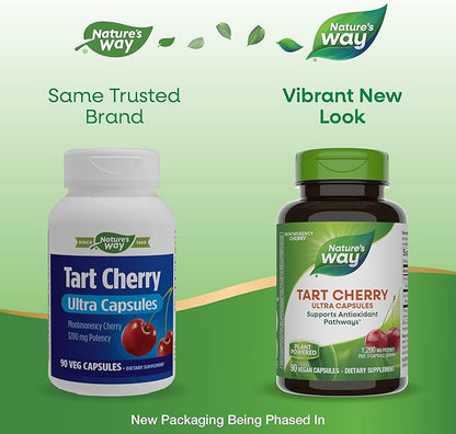 Nature's Way Tart Cherry Ultra Capsules, Montmorency Cherry, Anthocyanins for Antioxidant Support*, 1,200 mg per 3-capsule serving, 90 Vegan Capsules (Packaging May Vary)