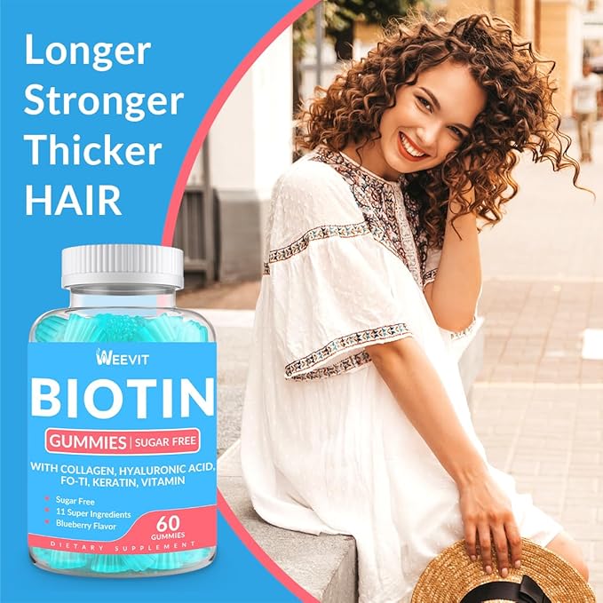 Sugar-Free Biotin Gummies, Biotin and Collagen Gummies with Keratin, Hyaluronic Acid for Women & Men | Hair Growth, Glowing Skin & Strong Nails | Vitamin B7 Supplement, Non-GMO, Chewable