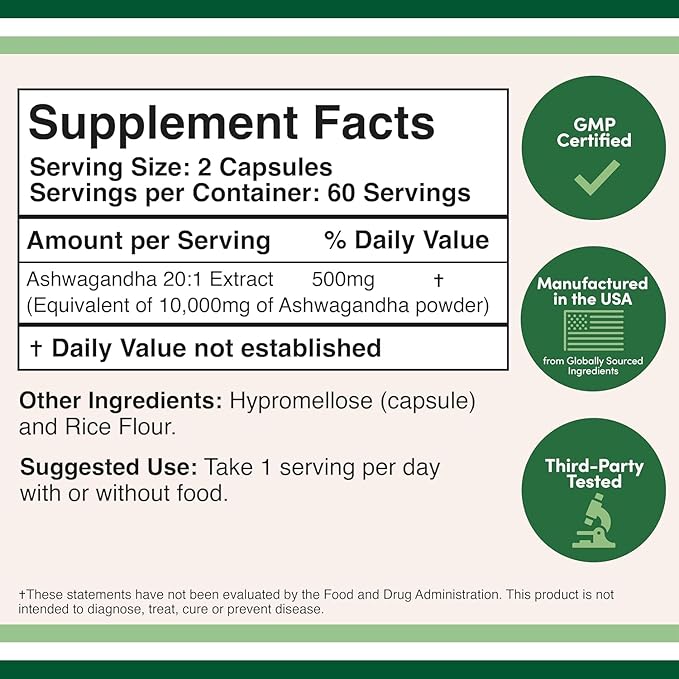 Ashwagandha Capsules, 120 Count (500mg Extract 20:1 Potency) Adaptogen Stress Relief by Double Wood