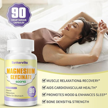 Magnesium Glycinate Capsules 400 MG per Serving 100% Chelated for High Absorption, Gentle On Stomach, Non-GMO, 90 Vegetarian Capsules