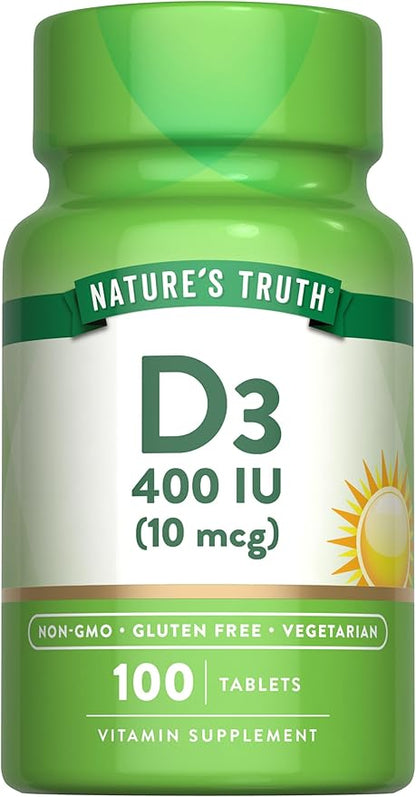 Nature's Truth Vitamin D3 | 400 iu (10 mcg) | 100 Tablets | Vegetarian, Non-GMO, & Gluten Free Supplement