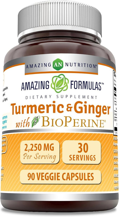 Amazing Formulas Turmeric Curcumin & Ginger with BioPerine Supplement | 2250 Mg | 90 Veggie Capsules | Non-GMO | Gluten Free | Made in USA