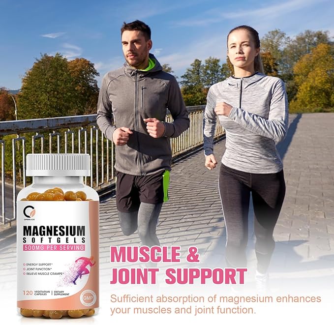 Magnesium Glycinate 500mg Capsules, High Absorption Pure Magnesium Glycinate Supplements Softgels for Men & Women, Support Energy, Muscle & Joint Function, Non-GMO, Vegan, 120 Count