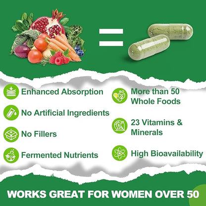 Multivitamin for Women 50 and Over, Whole Food Multivitamins Minerals Organic Extracts Women's 50+ Multivitamin for Energy Support, Nourish Hair, Skin, Nails Health, 60 Capsules