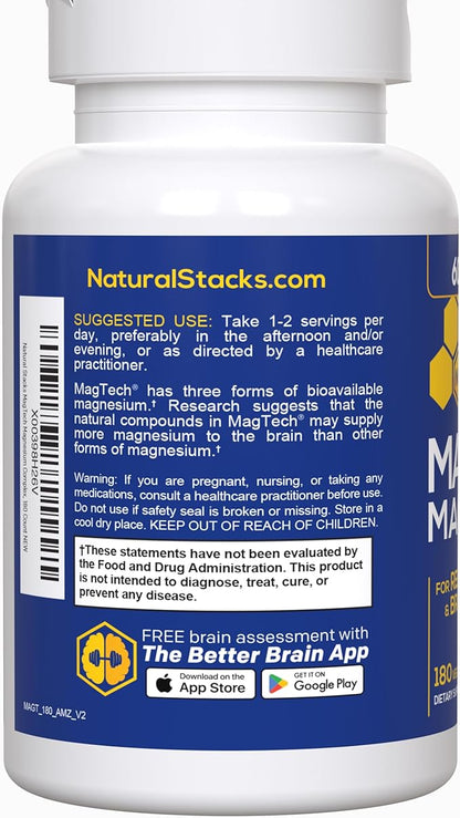 MagTech Magnesium Supplement - 3 Forms of Magnesium: Magtein L-Threonate, Glycinate & Taurate - 200mg Chelated Magnesium Complex - Supports Relaxation & Brain Health - 180 Capsules