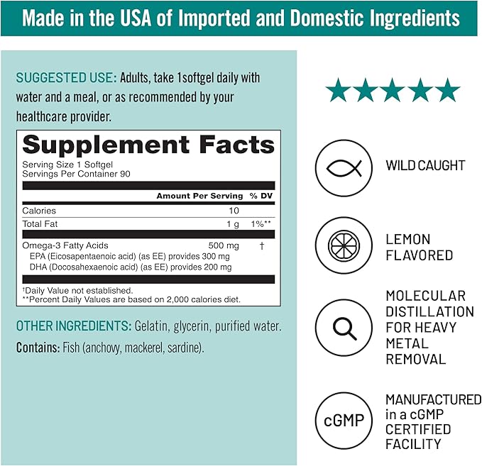NatureWise Omega 3 Fish Oil - 500 mg per Pill - EPA & DHA - Support for Immune Health & Cognitive Function - Wild-Caught, Gluten and Soy Free, Non-GMO - 90 Softgels[3-Month Supply]