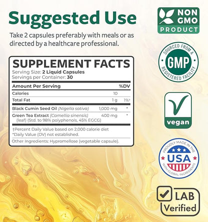 Black Seed Oil Capsules with Green Tea Extract - 1400mg - 60 Liquid Capsules (Non-GMO & Vegan) - Natural Energy Support with Minimal Caffeine for Mental Clarity & Focus