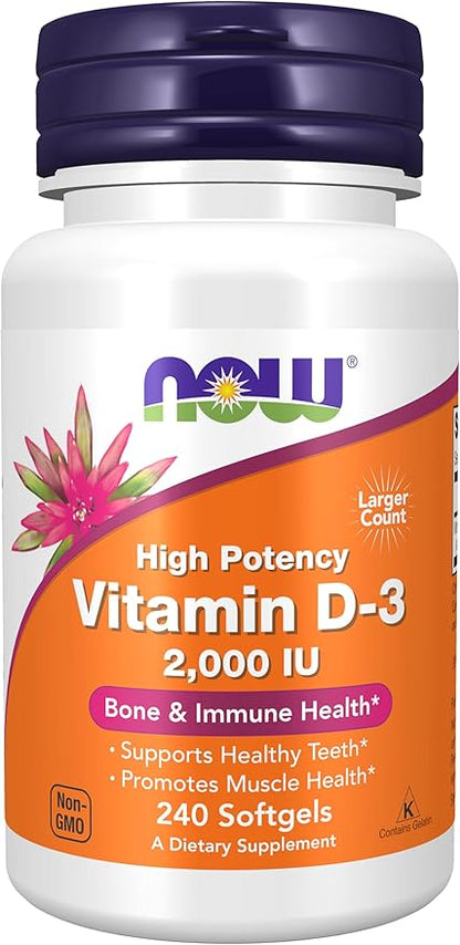 NOW Foods Supplements, Vitamin D-3 2,000 IU, High Potency, Structural Support*, 240 Softgels