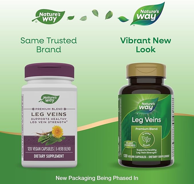 Nature's Way Leg Veins, Supports Healthy Leg Vein Strength*, 6-Herb Blend, With Horse Chestnut Extract, Dandelion, Gluten Free, 120 Vegan Capsules (Packaging May Vary)