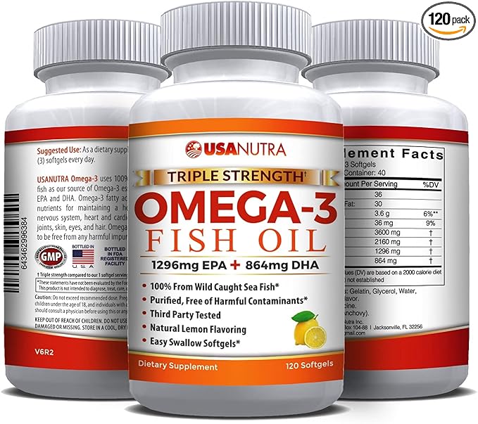Omega 3 Fish Oil Supplement 3600mg with EPA and DHA for Women and Men Supports Joint, Brain and Heart Health 120 Softgels